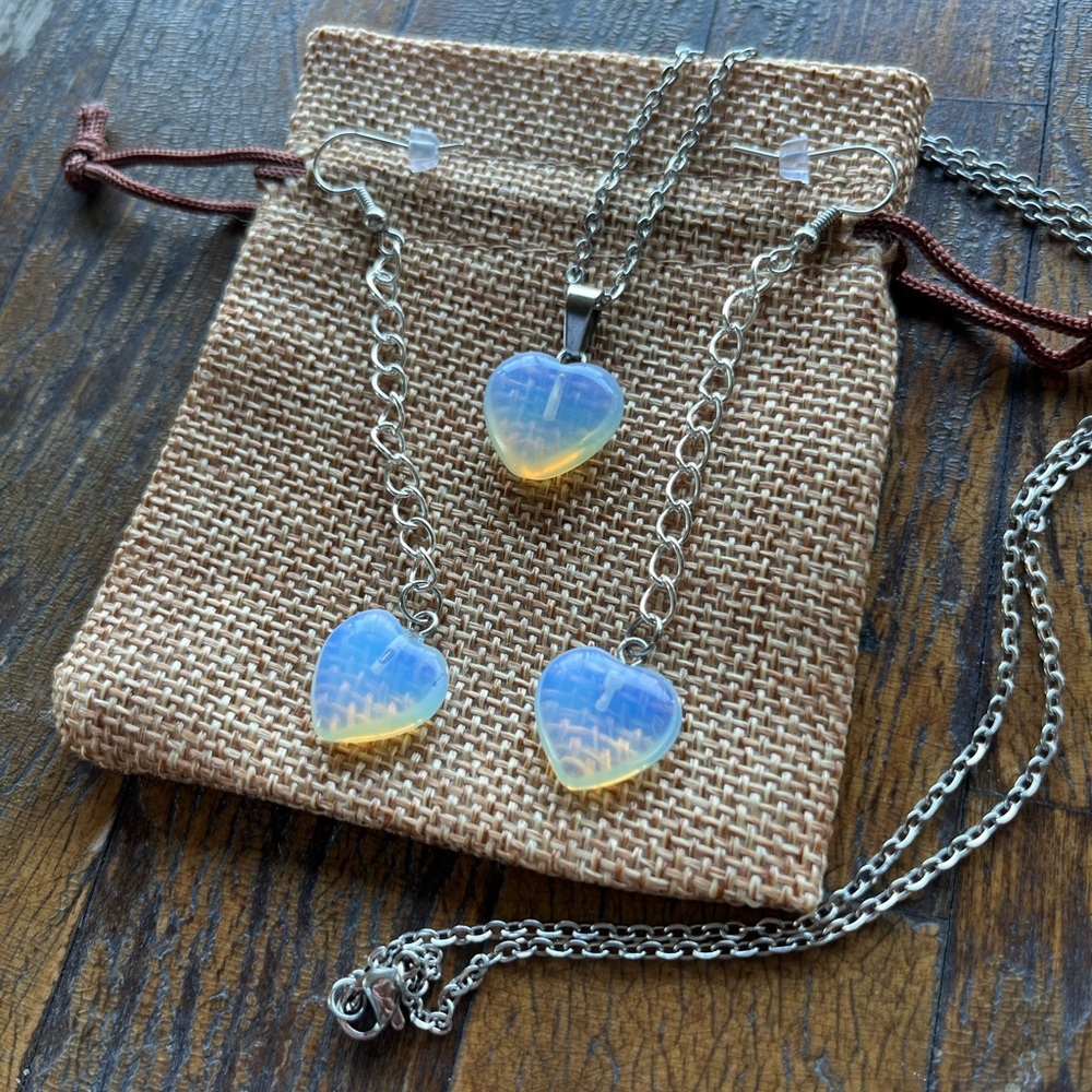 Opalite Heart Necklace Opalite Earrings Crystal Necklace Gemstone Earrings